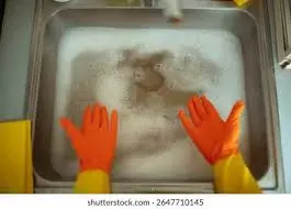 A person wearing orange gloves